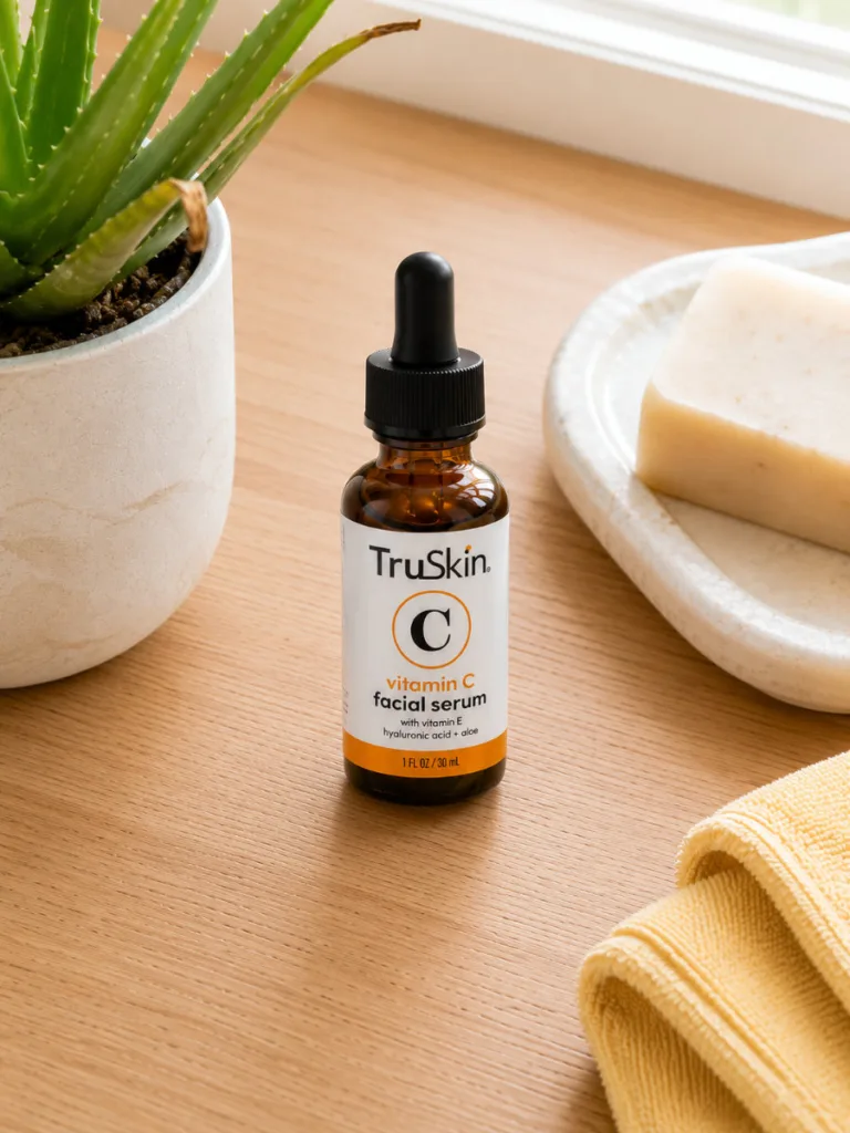 TruSkin Vitamin C Serum bottle on a bathroom counter in natural light