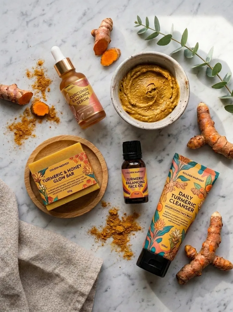 Flat lay of turmeric serum, mask, soap, and oil skincare products for choosing the right formula