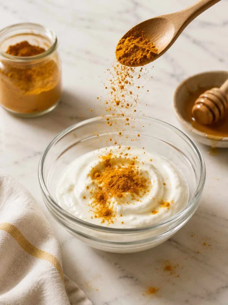 Turmeric powder and yogurt mixed for a natural face mask for skin brightening
