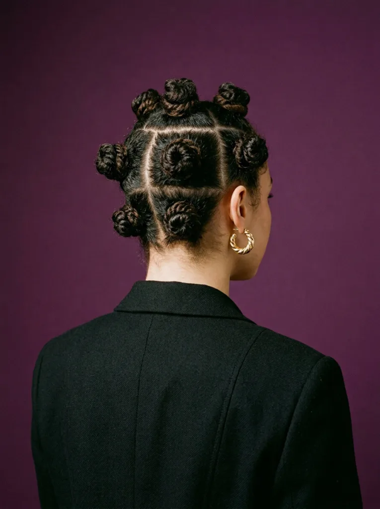 Woman wearing a twisted Bantu bun set, a protective holiday hairstyle for coily hair.