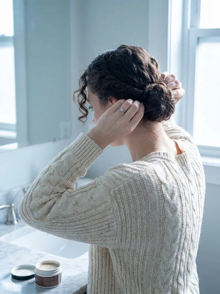Woman wrapping a twisted low bun, an easy holiday hairstyle, in a marble bathroom.