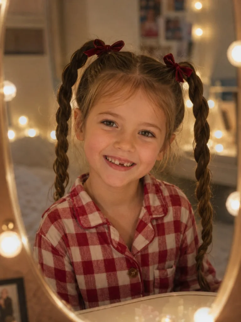 Little girl with twisted holiday pigtails and bows, a quick christmas hairstyle for kids