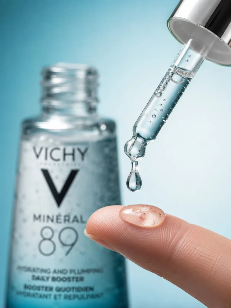 A single drop of Vichy Minéral 89 serum suspended above a fingertip, showing the gel-serum texture
