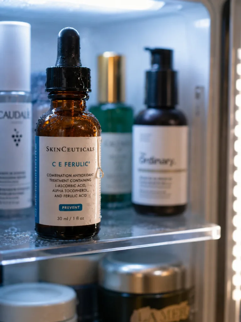 Amber vitamin C serum bottle chilling on a skincare fridge shelf