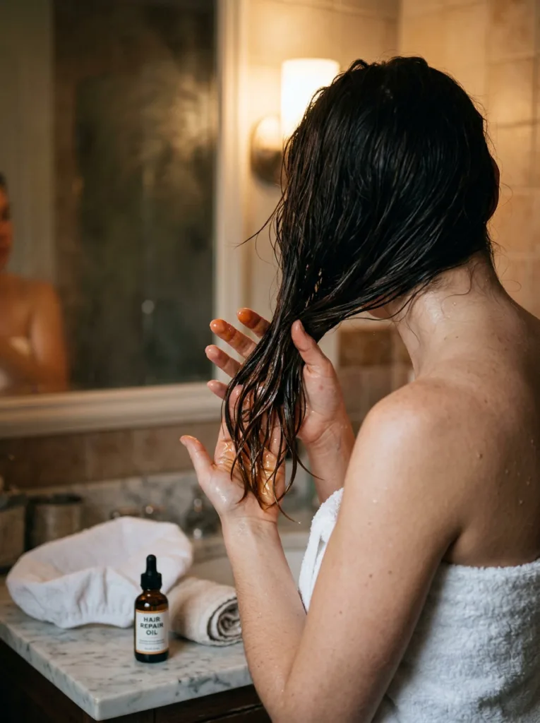 Warm oil massage before bed for soft and silky hair overnight