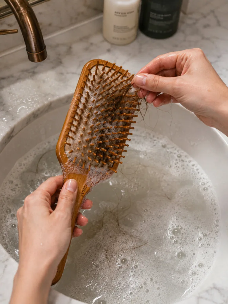 Washing a hair brush to remove buildup and keep long hair healthy