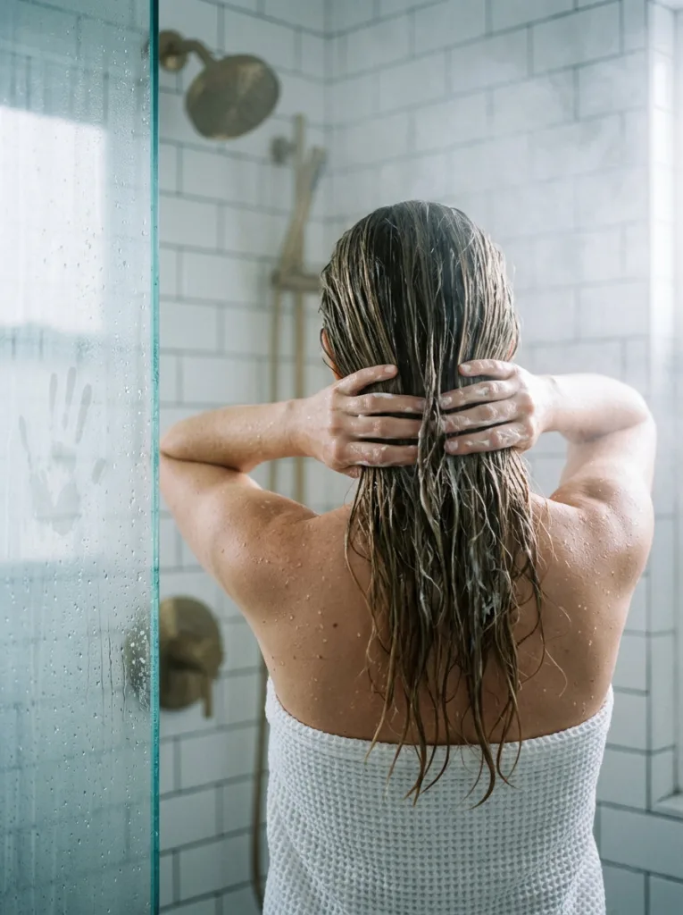 Woman applying a deep conditioning hair mask in the shower