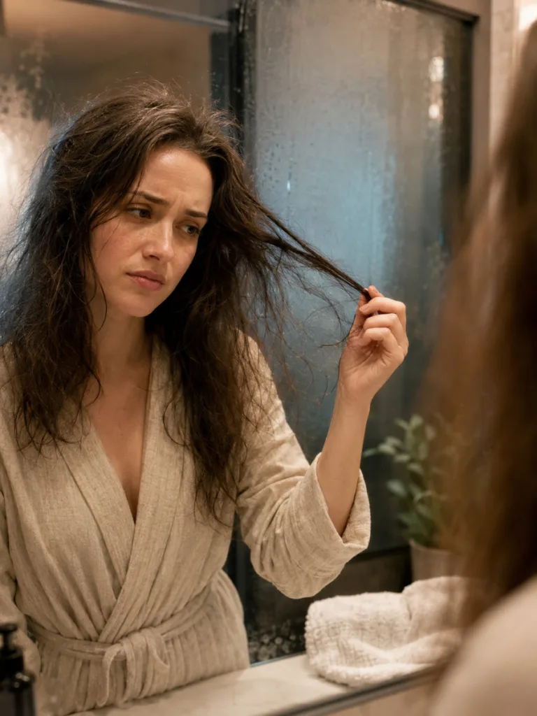 Woman examining her frizzy hair in a steamy bathroom mirror, showing the causes of frizzy hair