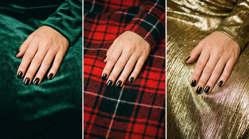 Black Christmas nails paired with velvet, plaid, and metallic fabric outfits