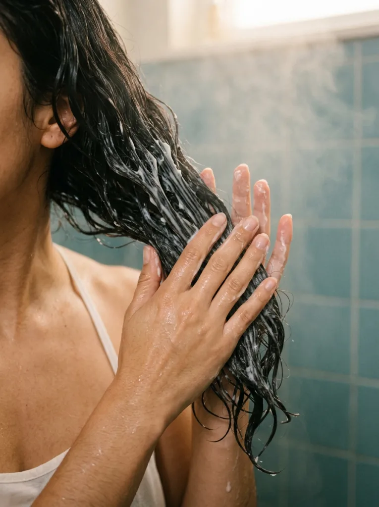 Applying conditioner to hair ends to prevent tangles and breakage
