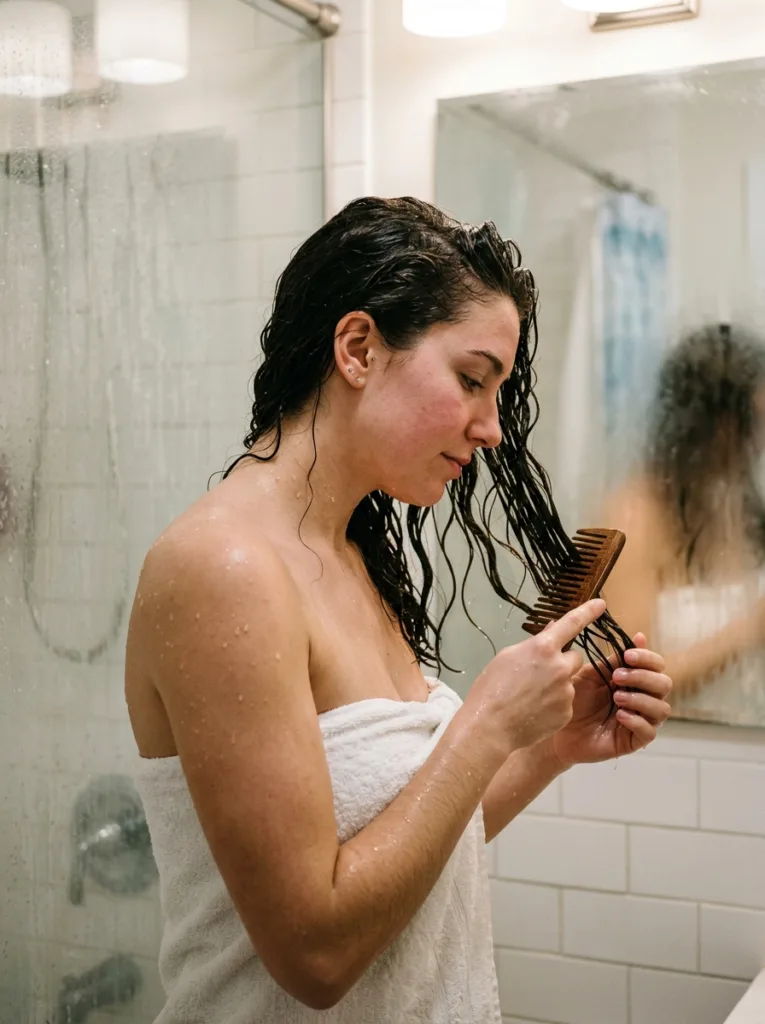 Woman combing wet hair after a shower, a common hair breakage cause