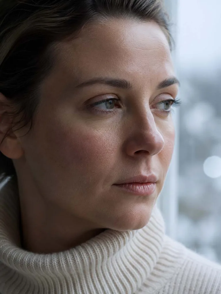 woman with dry tight winter skin close-up portrait showing skin texture in cold weather