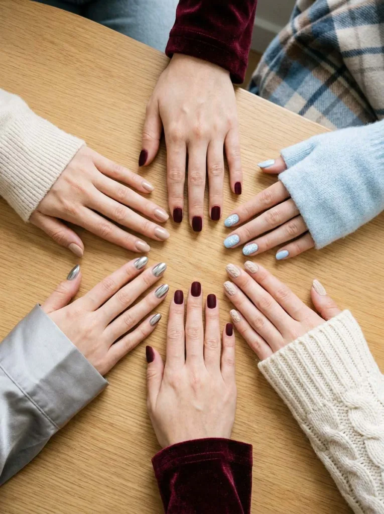 Five winter nail design categories including chrome, burgundy, and sweater texture manicures