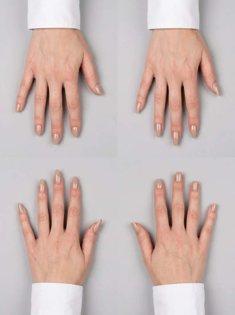Comparison of winter nail shapes including short almond, medium almond, and squoval
