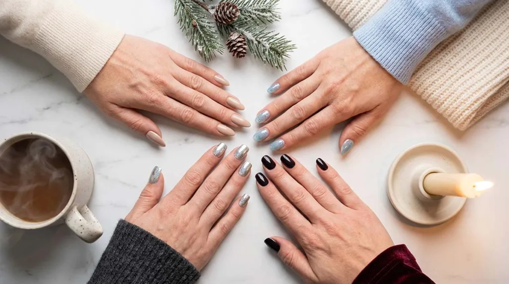 Winter nails 2026 flat lay showing beige, chrome, burgundy, and icy blue manicure designs