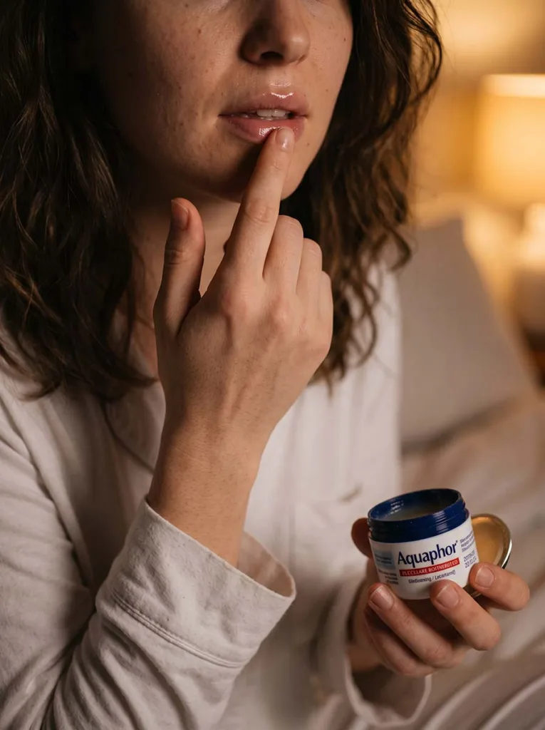 fair-skinned woman applying Aquaphor healing ointment to lips at night cracked winter lips overnight treatment