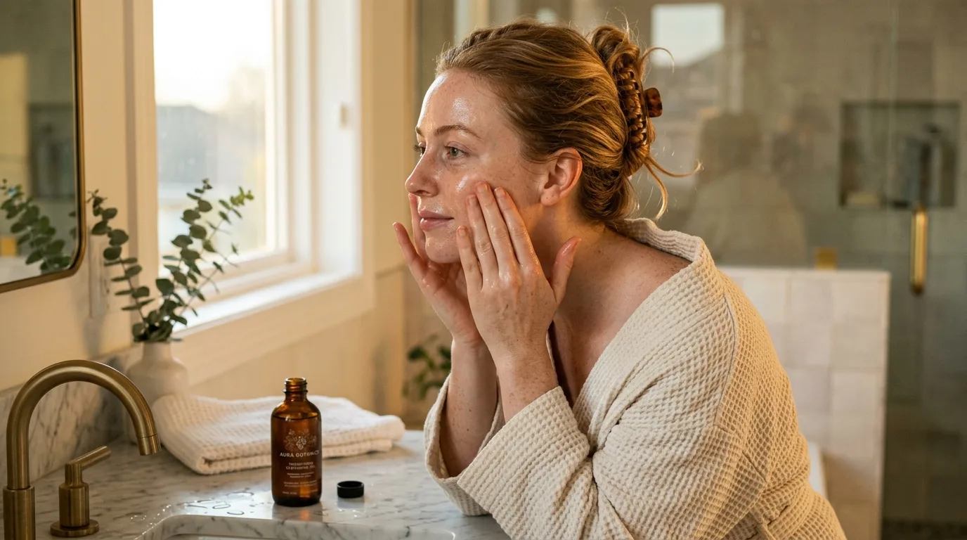 Woman massaging korean cleansing oil into her skin at a sunlit bathroom vanity