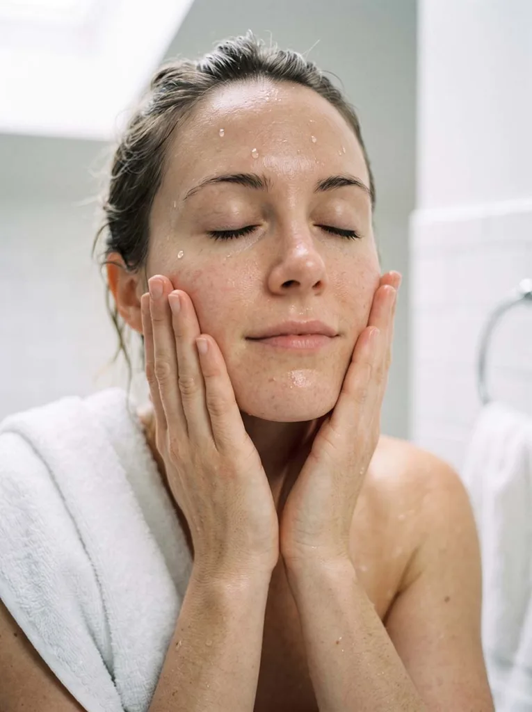 fair-skinned woman applying moisturizer to damp skin immediately after washing face winter skincare routine
