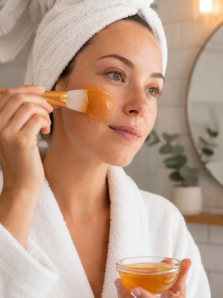 woman applying raw honey face mask with brush for winter skin hydration and moisture