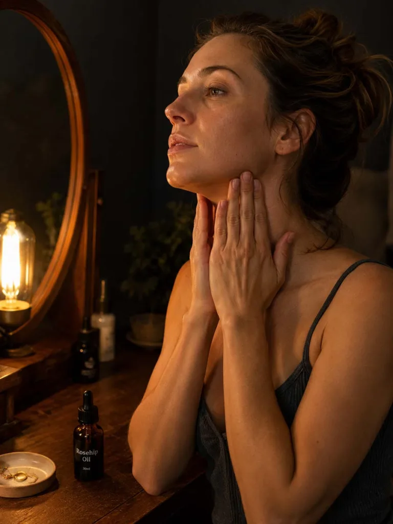 woman applying rosehip oil drops to face and neck at vanity in evening skincare routine