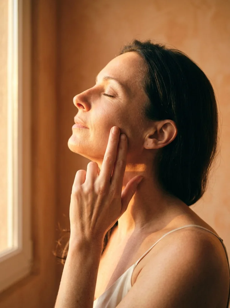Fair-skinned woman in her late 30s pressing rosehip oil into her cheekbone with her ring finger in warm golden-hour evening light, side profile
