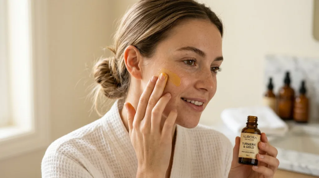 Woman with fair skin applying golden turmeric serum to her cheek during a morning skincare routine