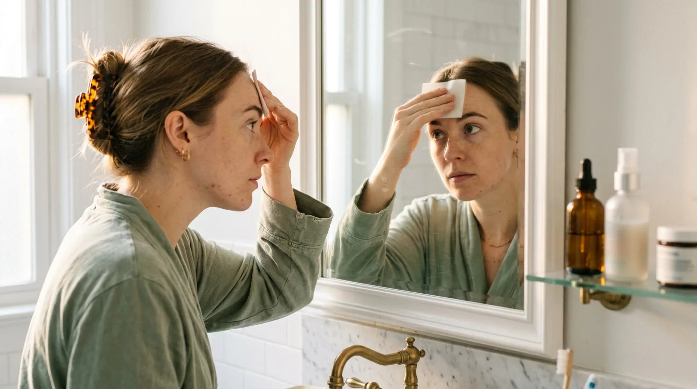Woman blotting oily T-zone skin with blotting paper in a sunlit bathroom mirror