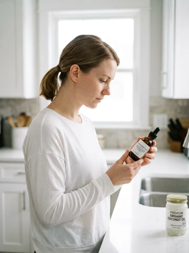 Fair-skinned woman reading the ingredient label on a dark glass skincare bottle at a kitchen counter, a jar of coconut oil set aside beside her