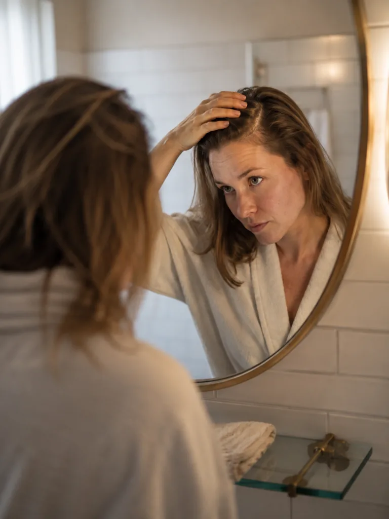 Woman with fair skin checking her thinning hair part in a bathroom mirror in natural morning light
