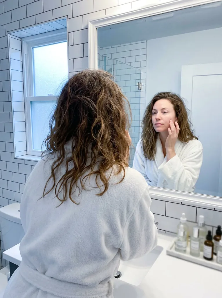 Fair-skinned woman in a white robe standing close to a bathroom mirror, fingertips touching her cheek as she examines her skin in morning light