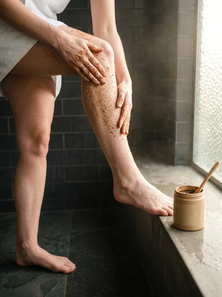 Fair-skinned woman scrubbing her leg with a coffee body scrub in a steamy shower before applying self-tanner