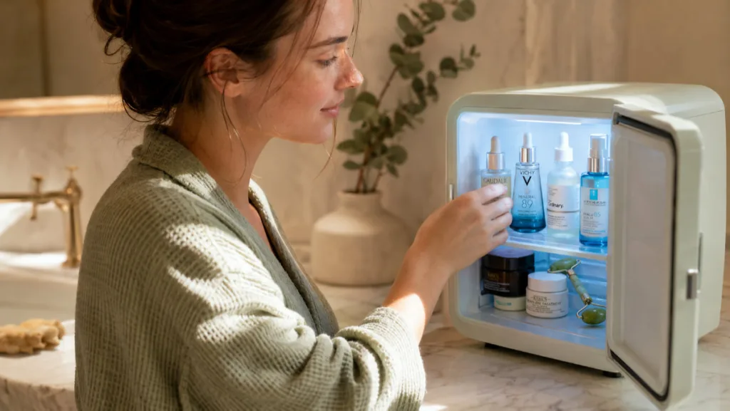 Young woman opening a stocked skincare fridge on a bathroom counter in morning light