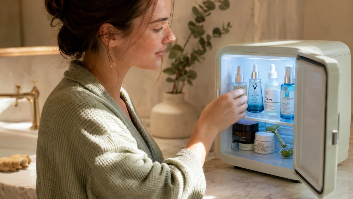 Young woman opening a stocked skincare fridge on a bathroom counter in morning light