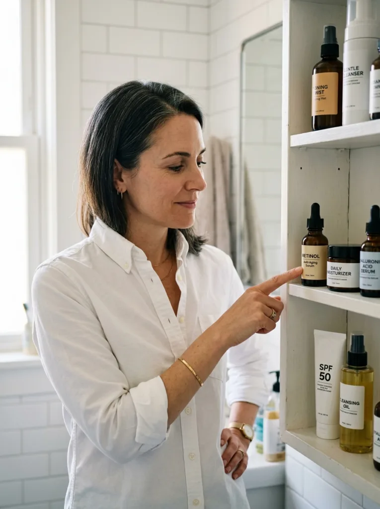 confident fair-skinned woman in white shirt reviewing organized anti-aging skincare products on bathroom shelf