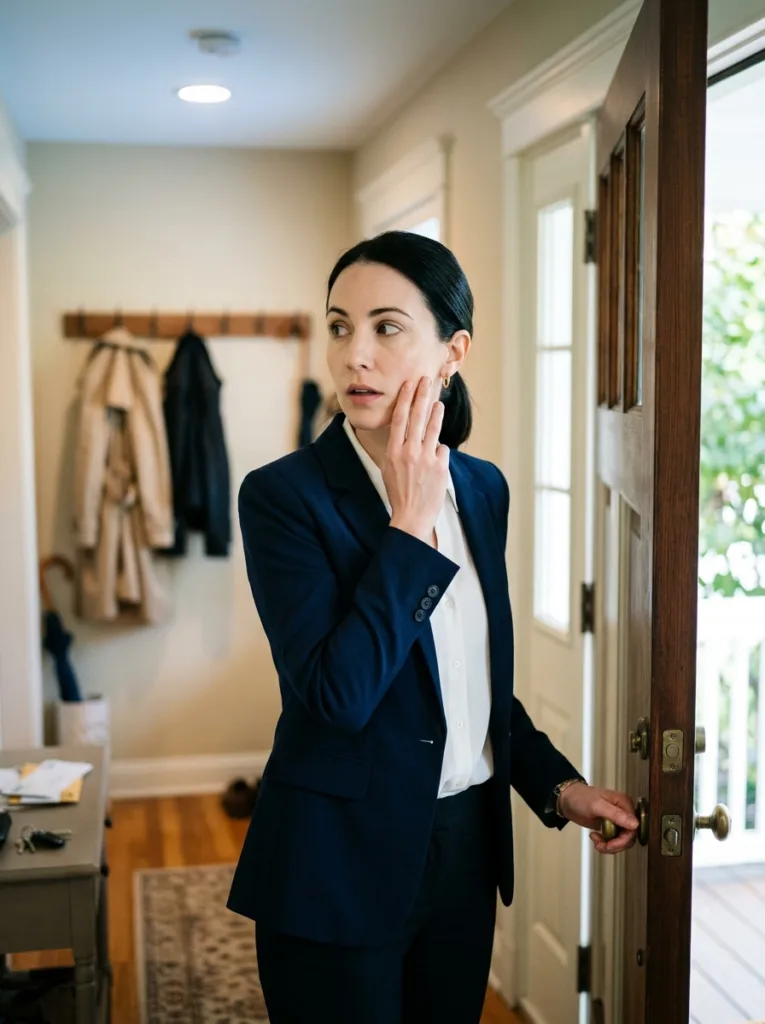 fair-skinned woman in navy blazer touching her cheek with concerned expression at front door having forgotten sunscreen