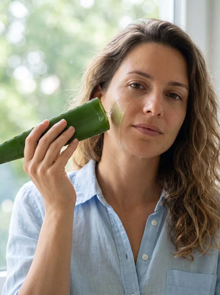 woman pressing fresh cut aloe vera leaf with clear gel against cheek for winter skin soothing