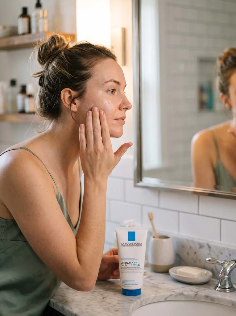 fair-skinned woman applying La Roche-Posay Lipikar Balm AP to cheek at bathroom mirror dry winter skin