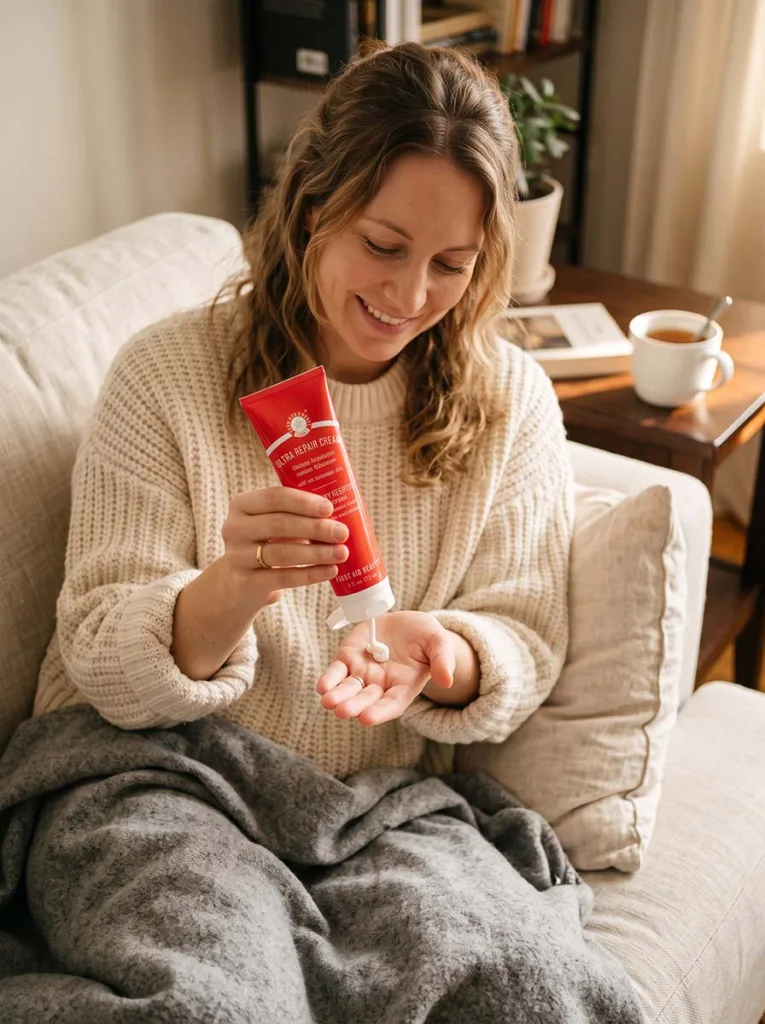 woman in cozy winter sweater holding First Aid Beauty Ultra Repair Cream red tube on neutral sofa