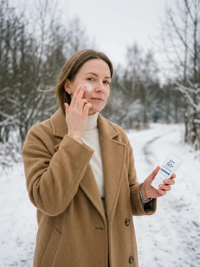 woman applying SPF 30 sunscreen outdoors on cold overcast winter day for skin protection