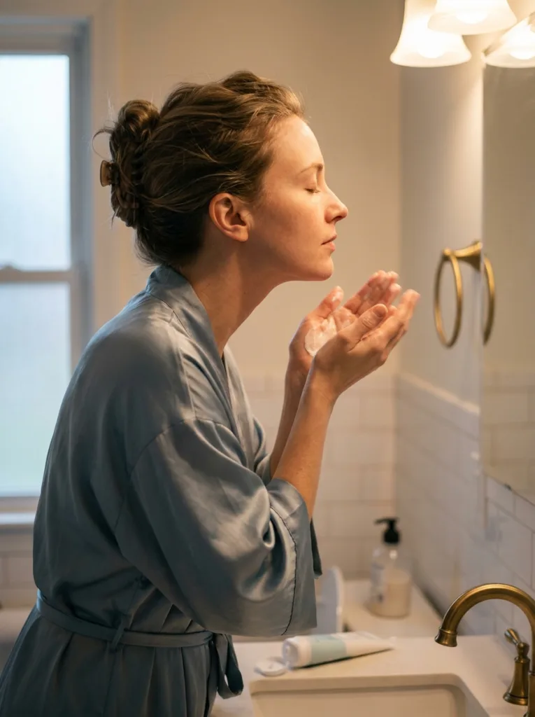 woman switching to cream oil-based cleanser for cold weather skincare routine at bathroom sink