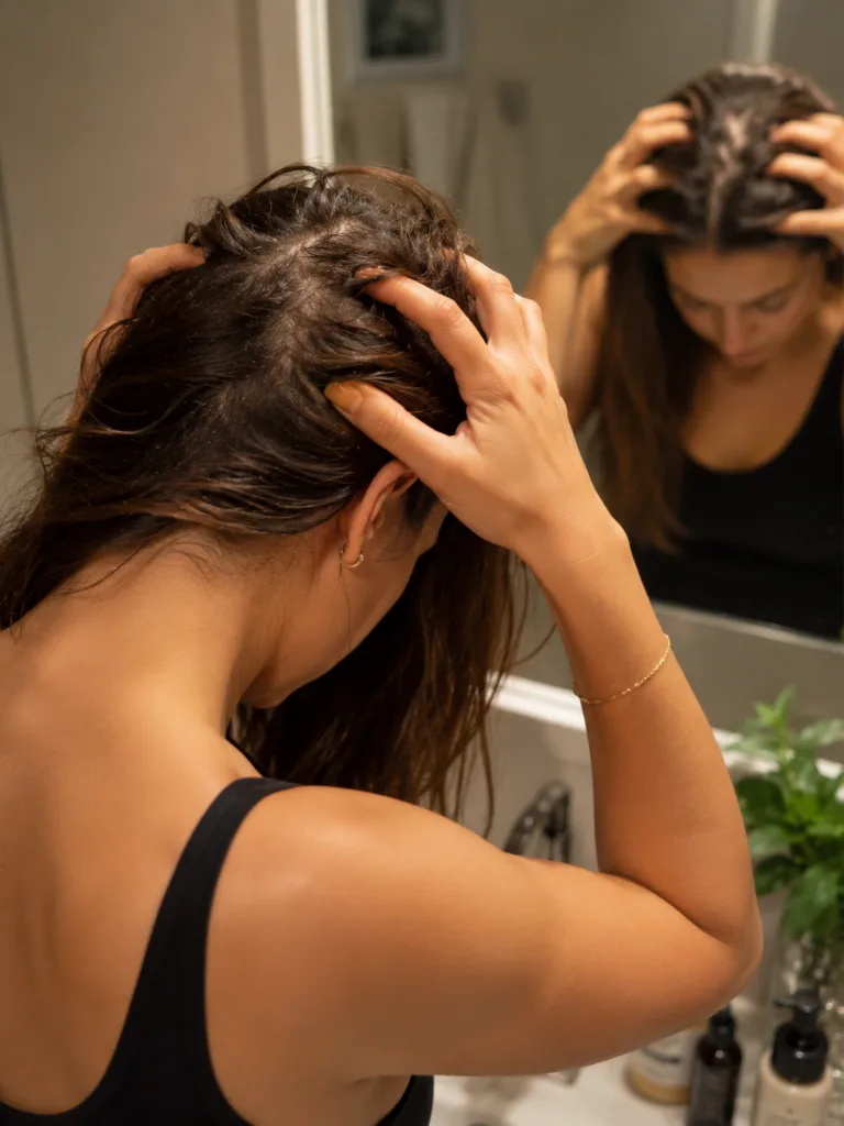 Woman massaging her scalp with her fingertips to support hair growth