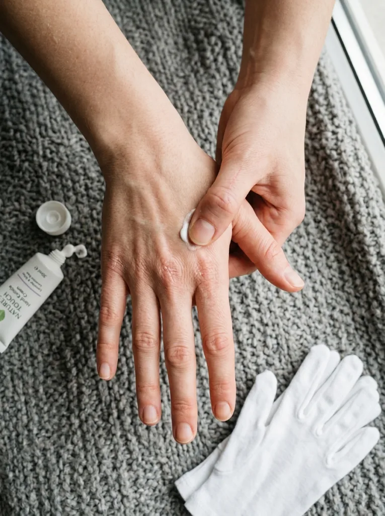 woman applying ceramide hand cream to protect hands from cold climate dry skin cracking