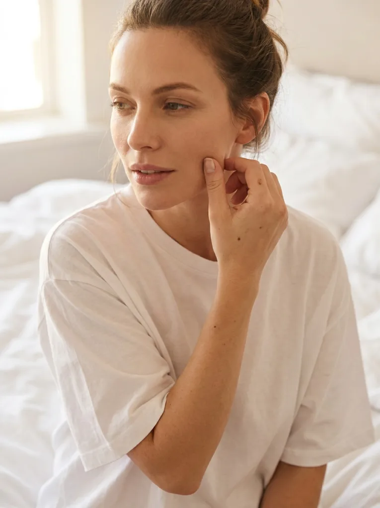 fair-skinned woman doing cheek pinch test to check for dehydrated skin in winter