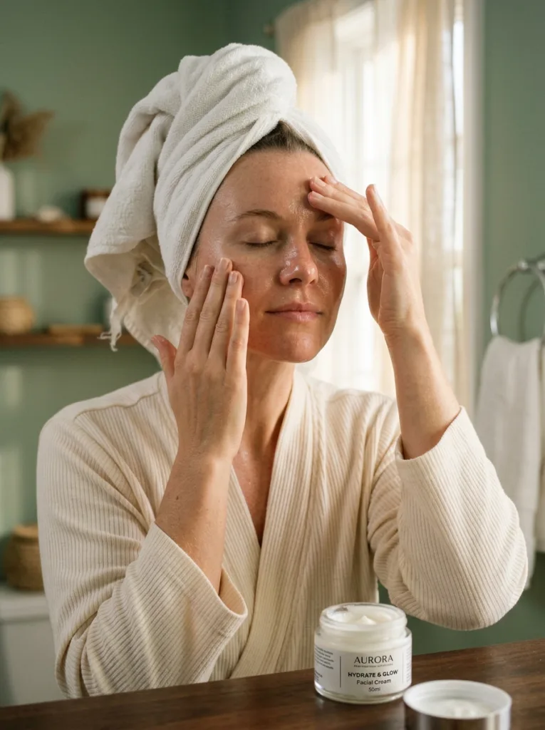 woman applying ceramide moisturizer within 60 seconds on damp skin cold weather skincare