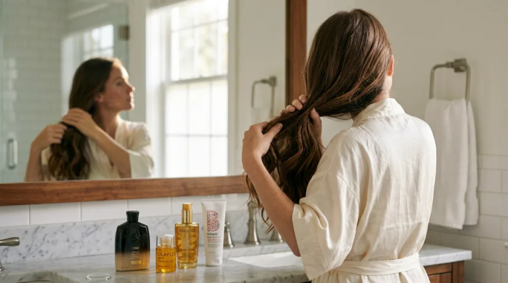Woman with healthy long hair in a sunlit bathroom, illustrating hair care tips for healthy long hair