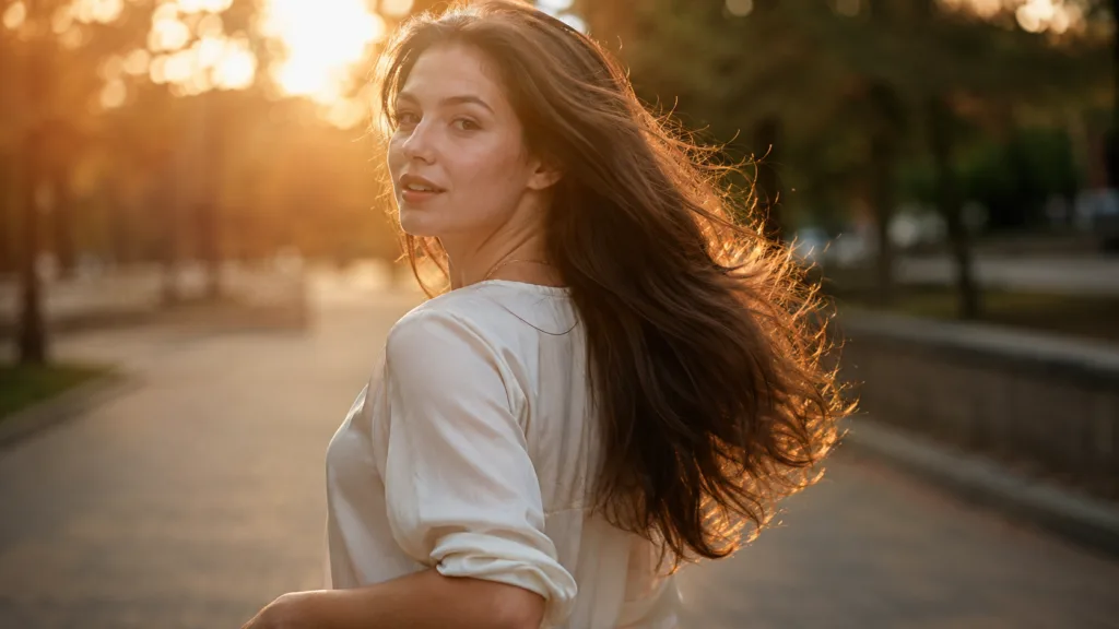 Woman with long healthy hair walking outdoors, showing how to grow hair faster naturally