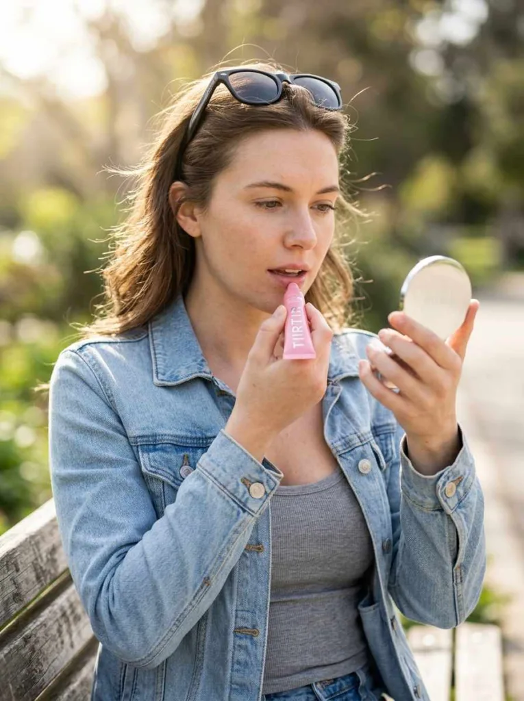 Woman applying TIRTIR Sun Bouncy Glow lip balm SPF30 outdoors in sunlight