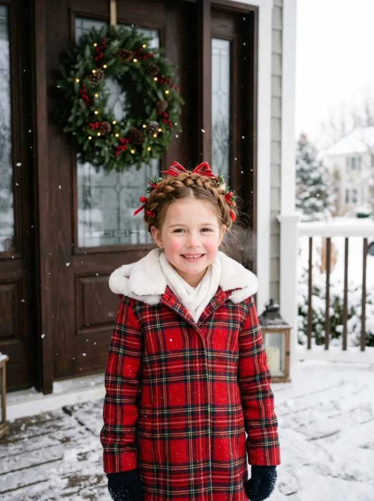 Wreath braid hairstyle on a young girl standing on a snowy porch