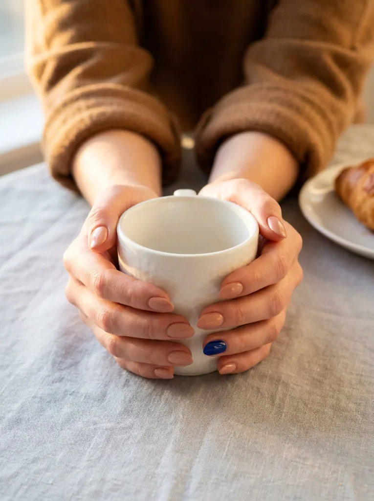 cobalt blue accent nail on ring finger with nude manicure fair skin hands cupping white coffee mug
