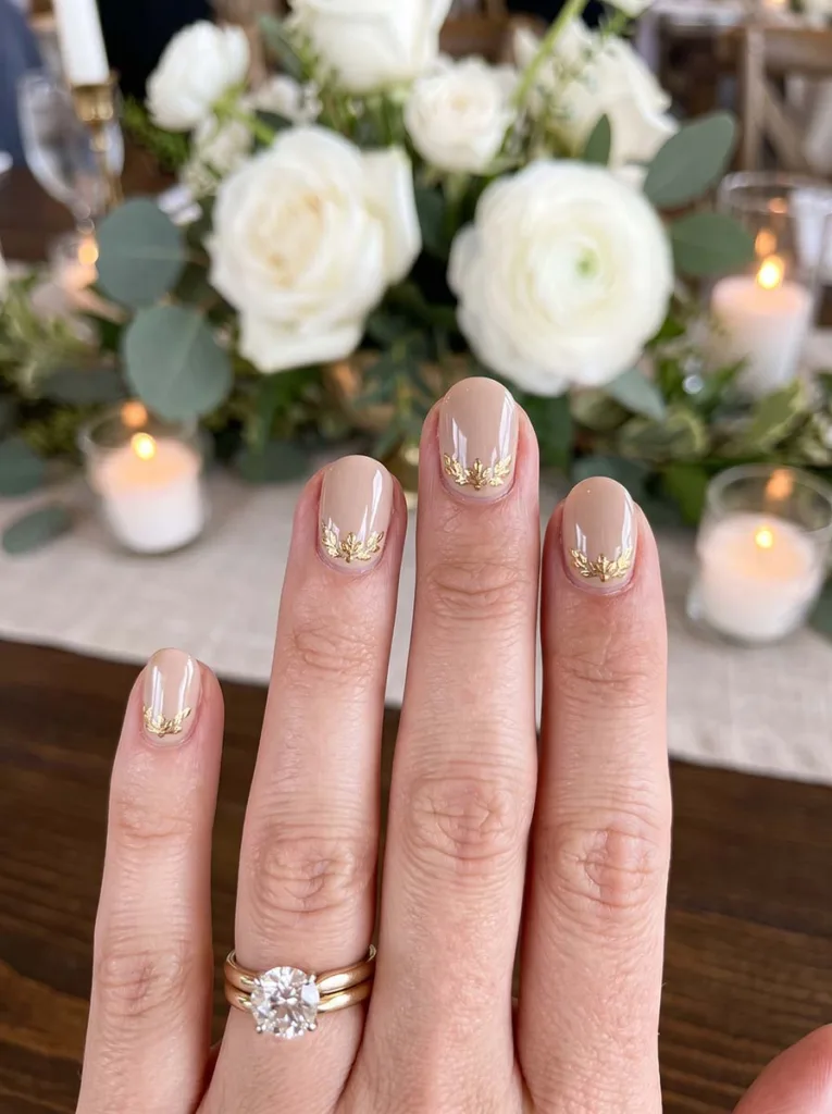 close-up of coordinated bridesmaid manicures at a reception table